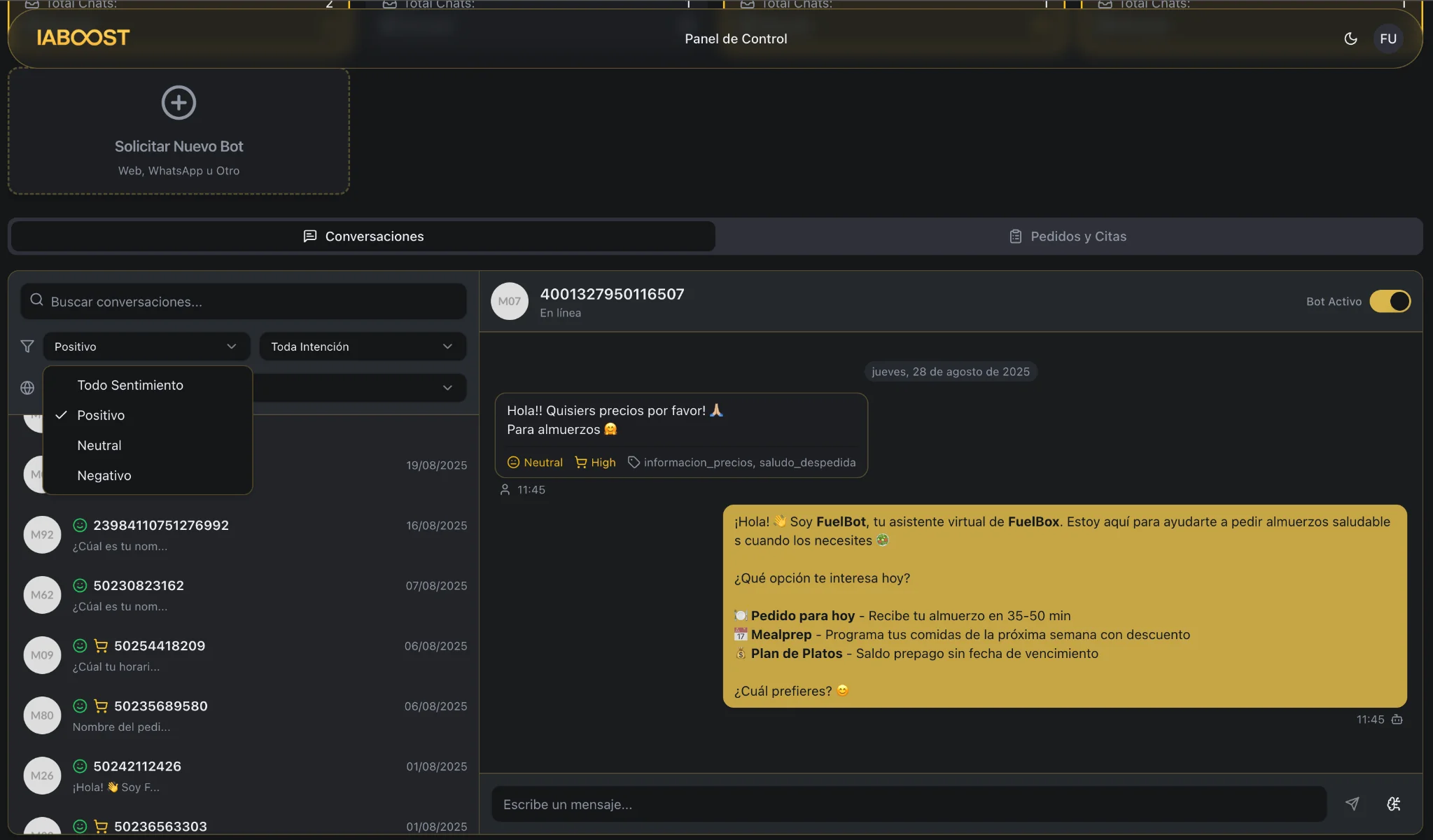Dashboard del panel en vivo