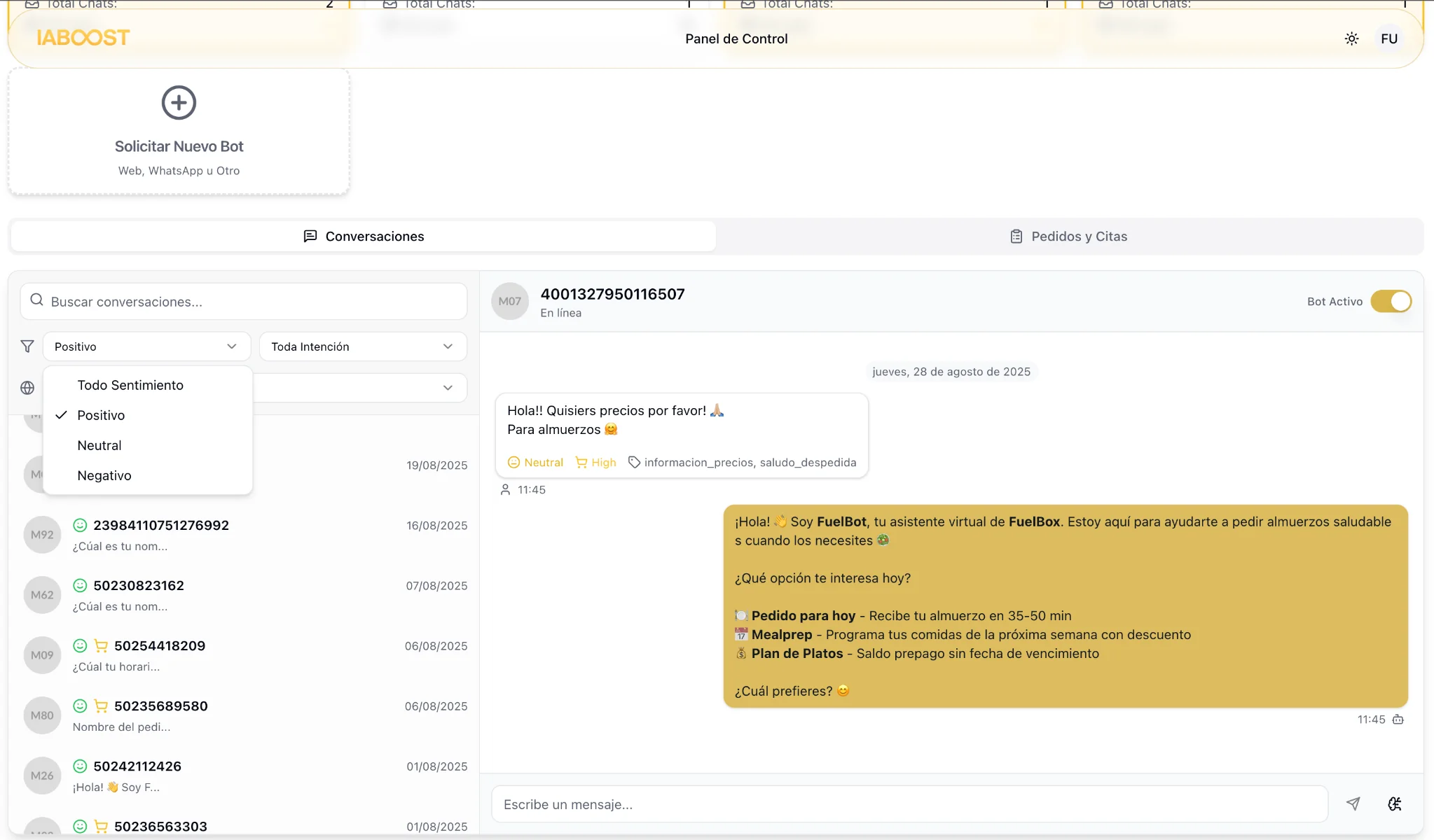 Dashboard del panel en vivo